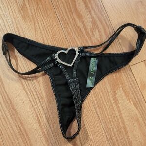 Dolls Kill - Black Rhinestone Heart Wet Look Thong - M